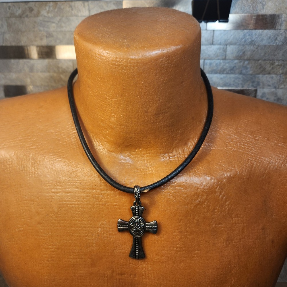 Celtic Cross Pendant Necklace Black Leather Cord Eagle Toggle Clasp Silver Tone